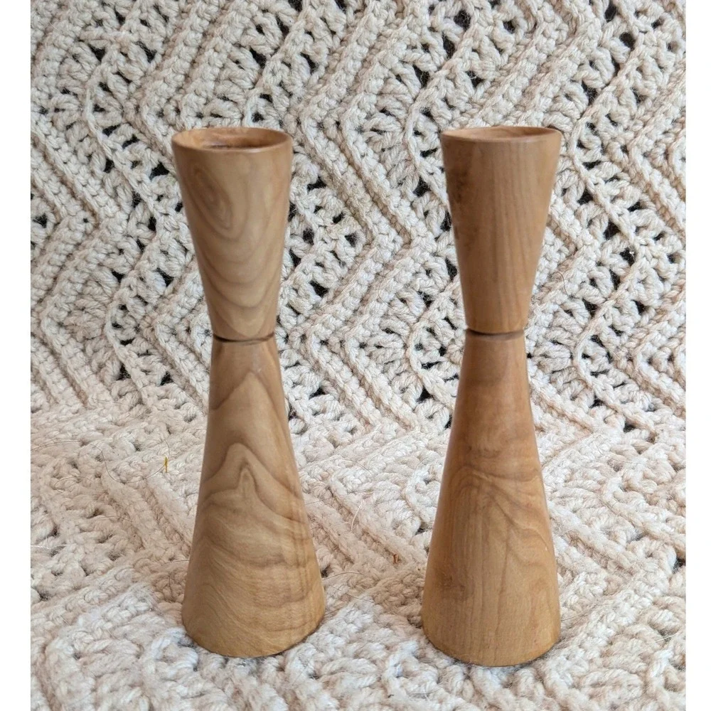 Vintage Mid Century Modern Wood Taper Candle Holders Set 2 Hourglass Minimalist